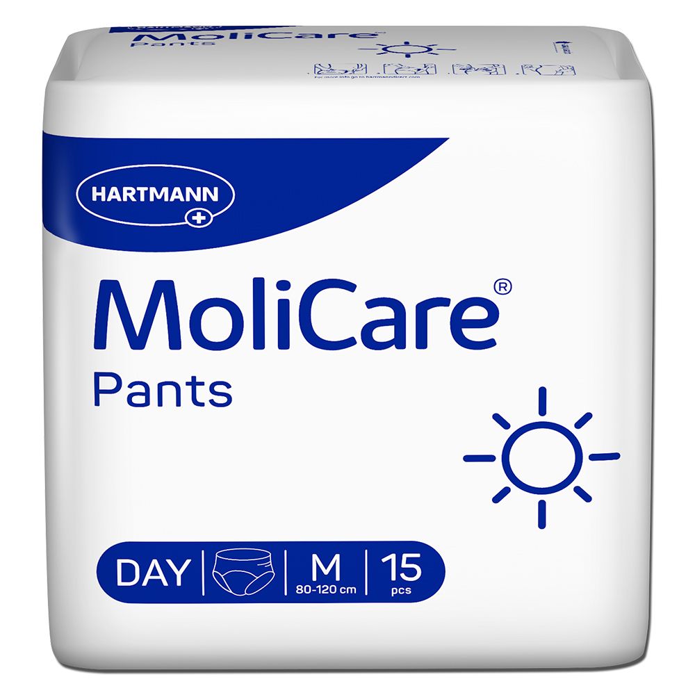 Verpackung MoliCare Pants Day, Größe M, 15 Stück. Weiß mit blauem Logo und Produktinformationen.