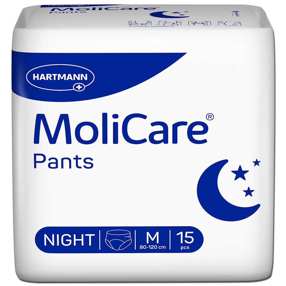 Weiße Verpackung mit blauer Schrift. MoliCare Pants Night, Mond- und Sternsymbol, Größe M, 15 Stück.