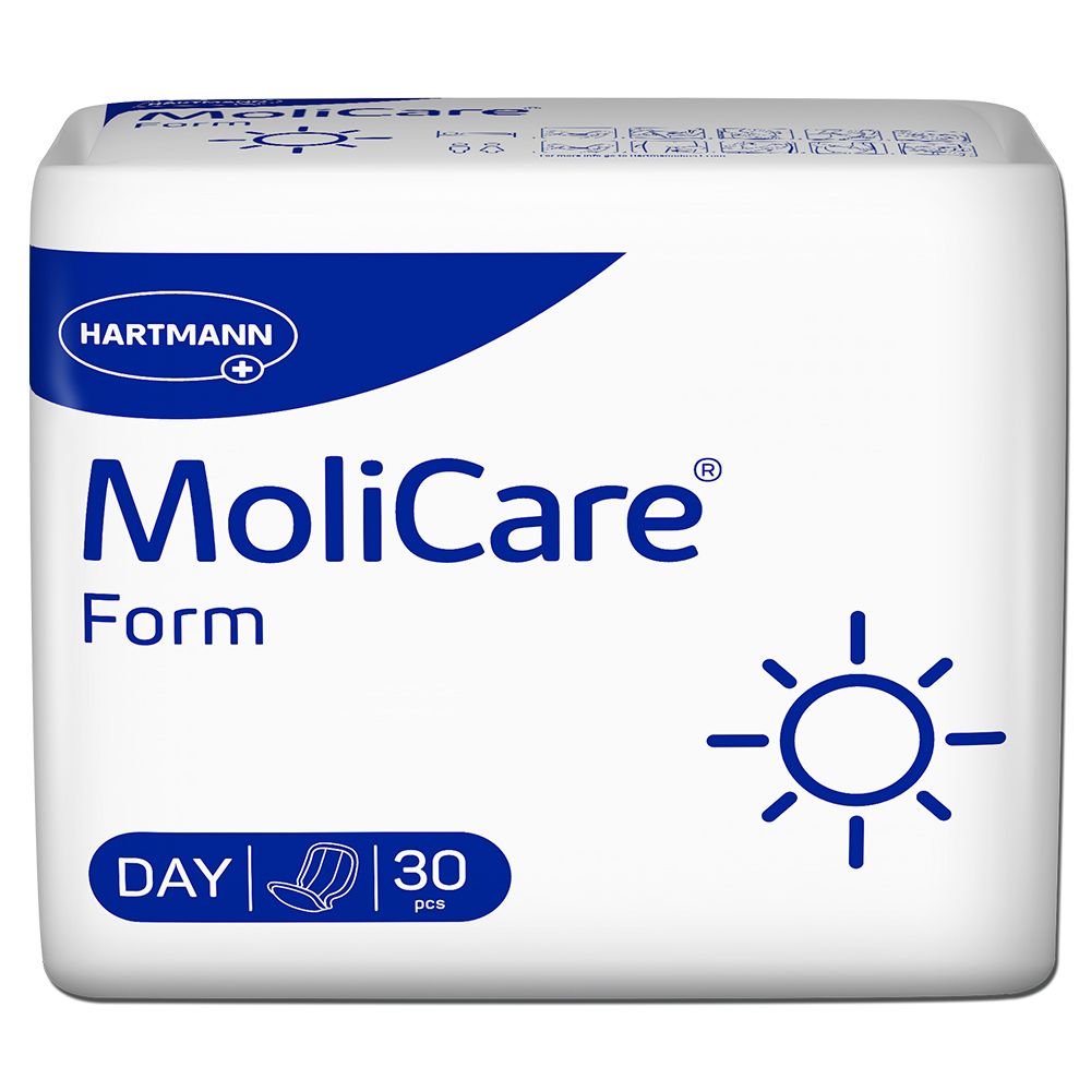 MoliCare Form Day Inkontinenzvorlagen Packung. Weiß, blaues Logo, 30 Stück. Hartmann-Logo.