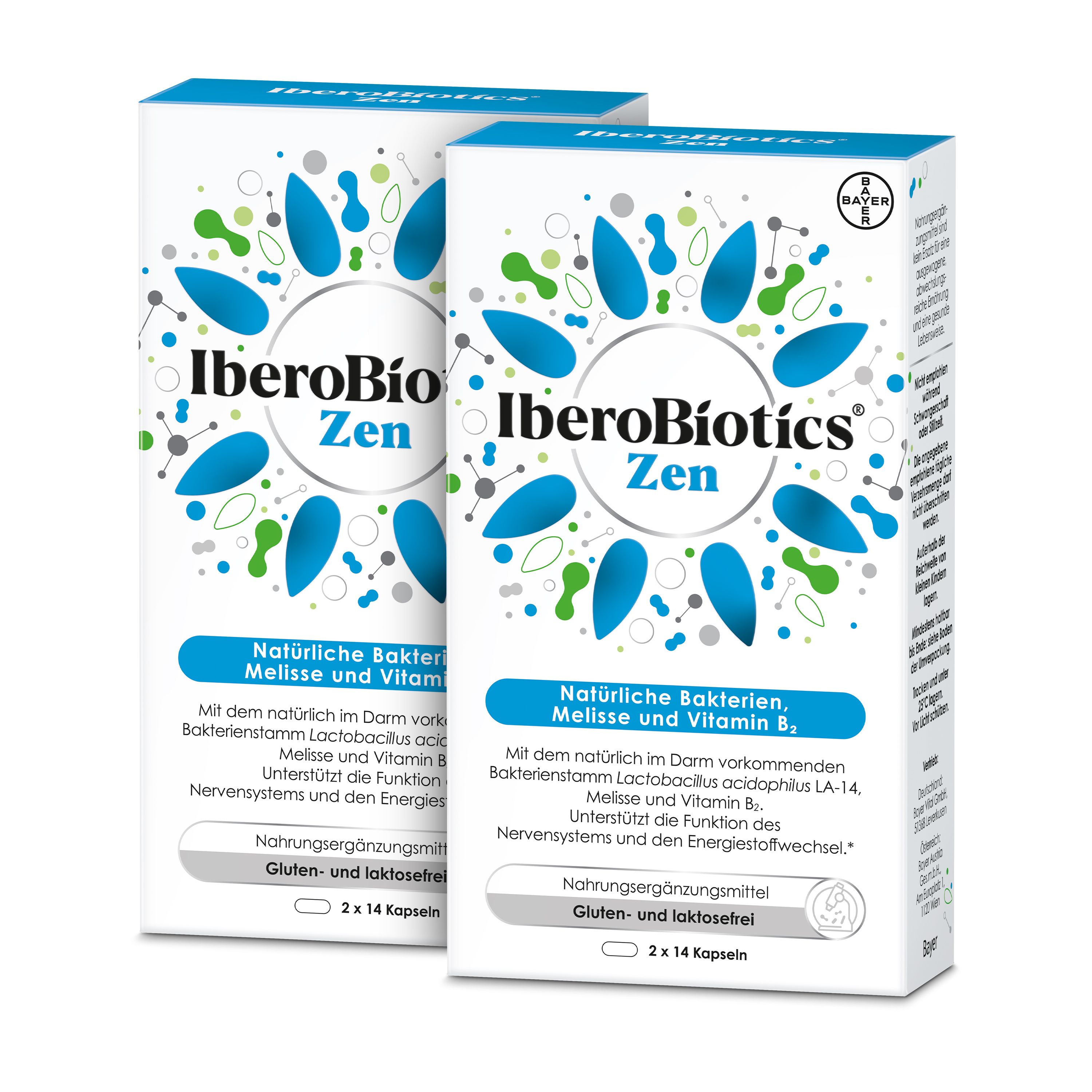 Zwei Schachteln IberoBiotics® Zen. Weiße Verpackung mit blauem Logo und Produktinformationen. 2 x 14 Kapseln.