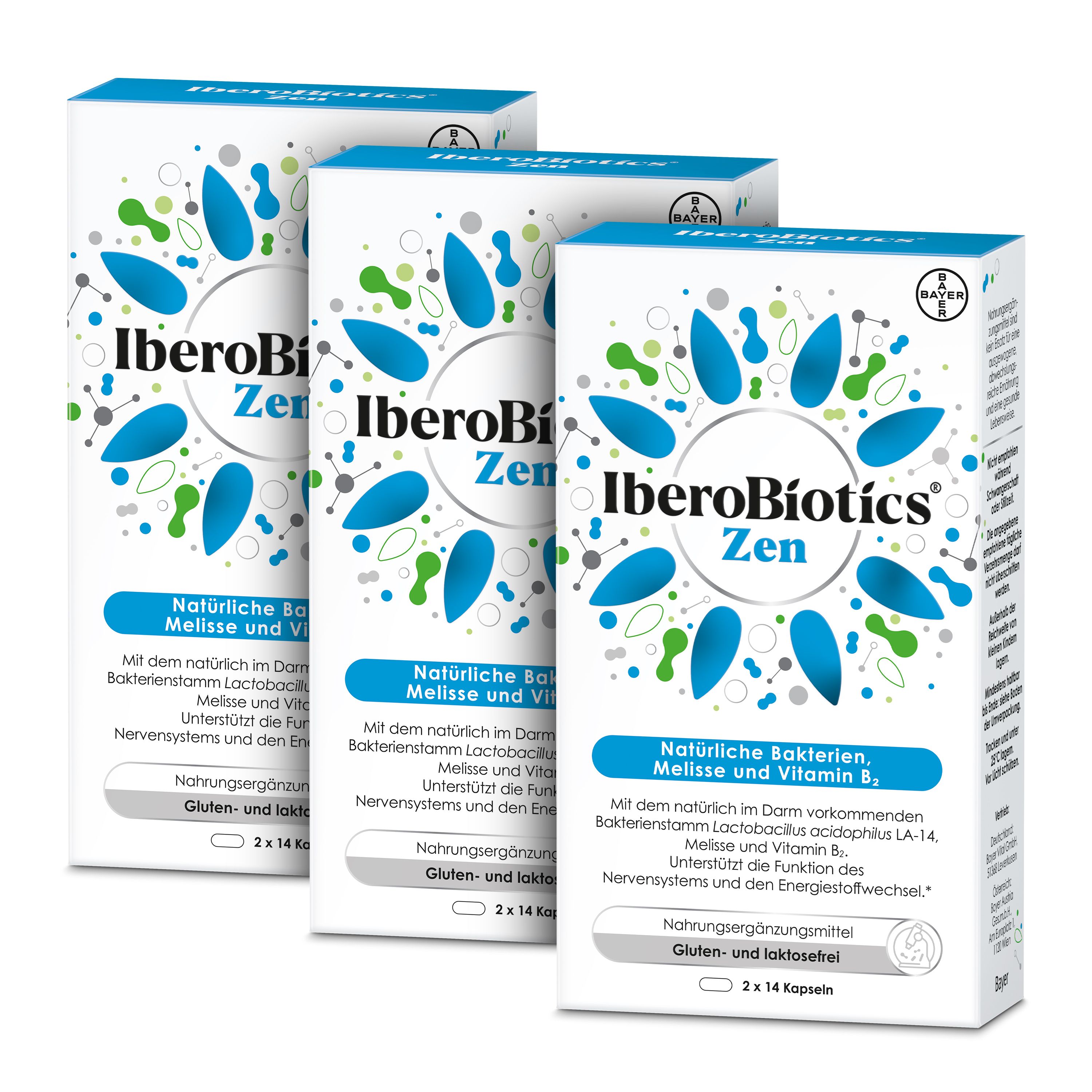 Drei Schachteln IberoBiotics® Zen. Weiße Verpackung mit blauen Elementen und Produktinformationen. Gluten- und laktosefrei.