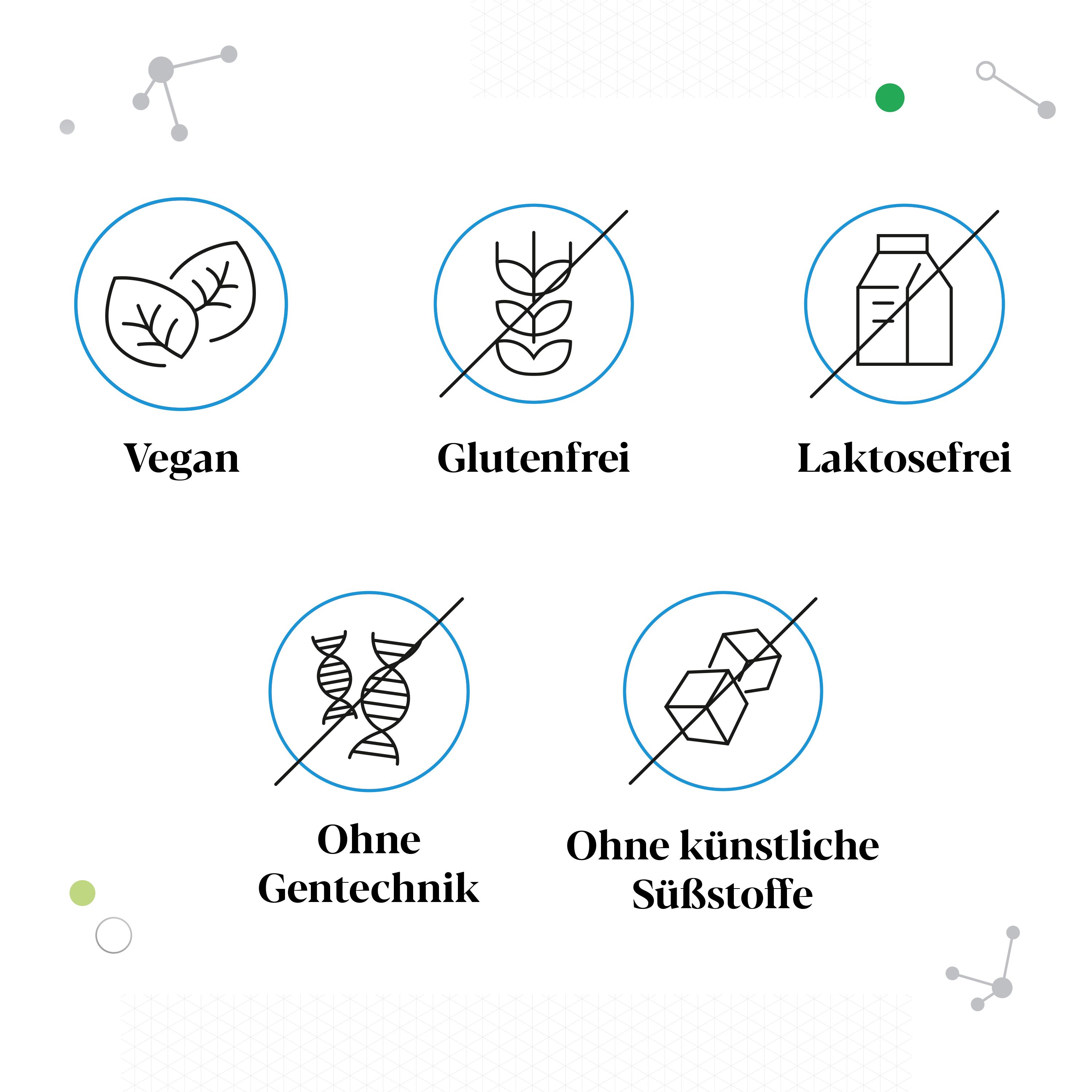 Symbole: Vegan, glutenfrei, laktosefrei, ohne Gentechnik, ohne künstliche Süßstoffe.