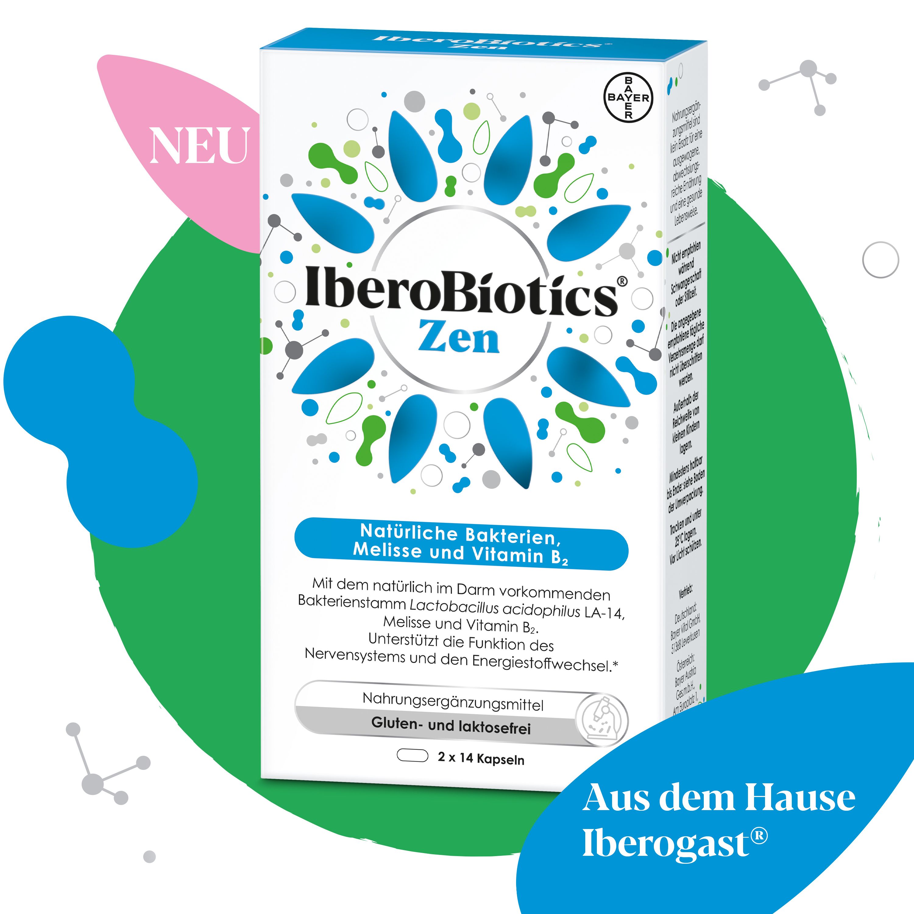 IberoBiotics® Zen-Packung. Weiße Schachtel mit blauen Elementen. Text: Natürliche Bakterien, Melisse und Vitamin B2.
