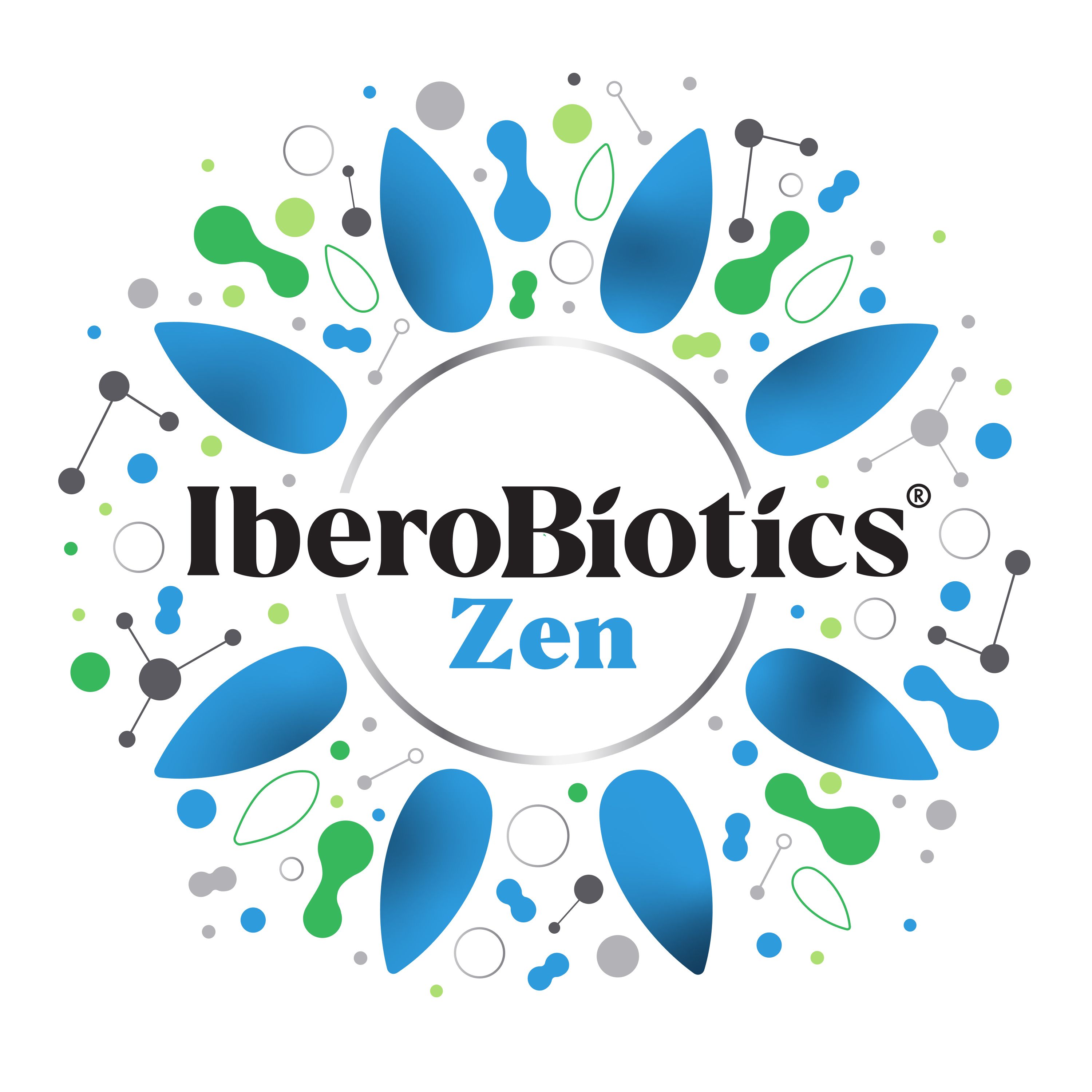 Kreisförmiges Logo: IberoBiotics® Zen. Blaue und grüne Elemente, grauer Hintergrund.