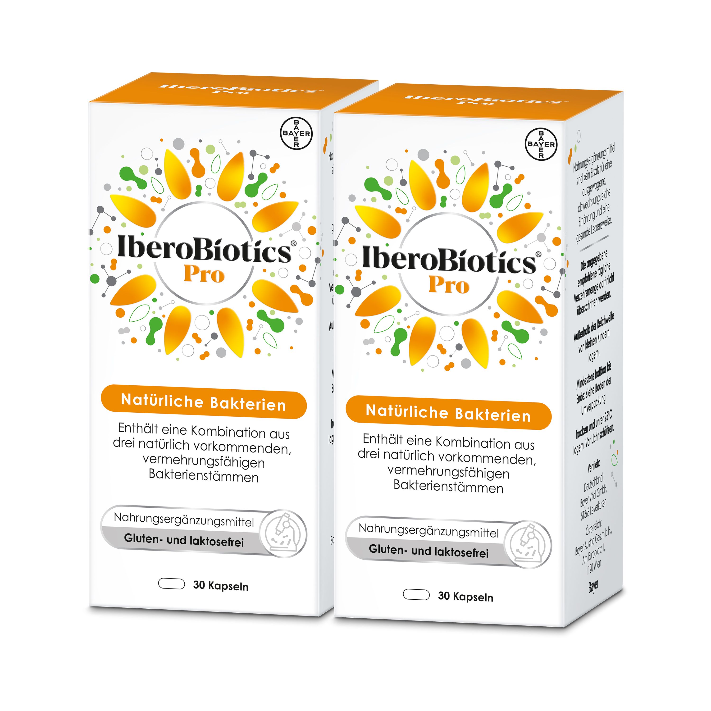 Zwei Schachteln IberoBiotics® Pro. Aufdruck: Natürliche Bakterien, 30 Kapseln, gluten- und laktosefrei.