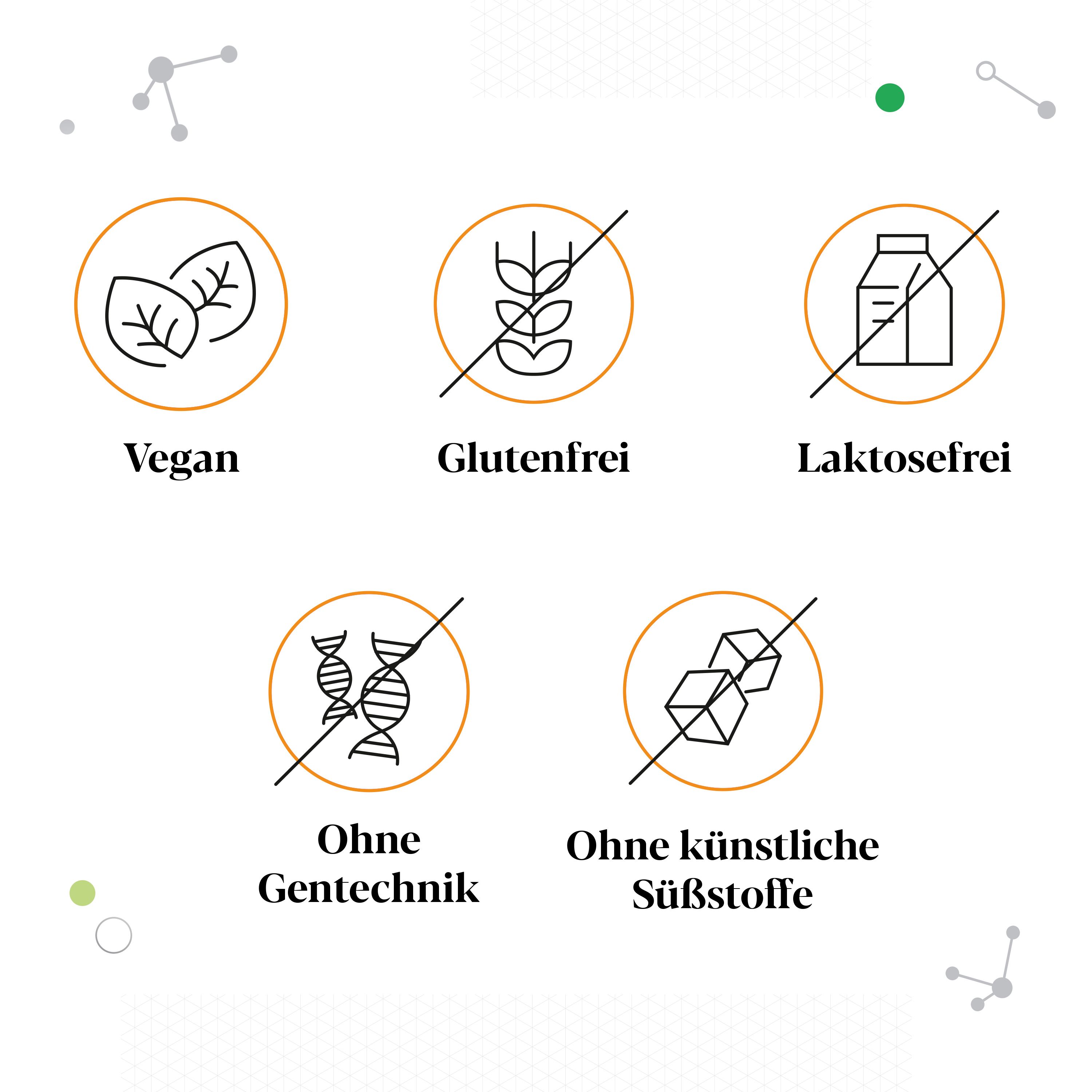 Symbole: Vegan, glutenfrei, laktosefrei, ohne Gentechnik, ohne künstliche Süßstoffe.