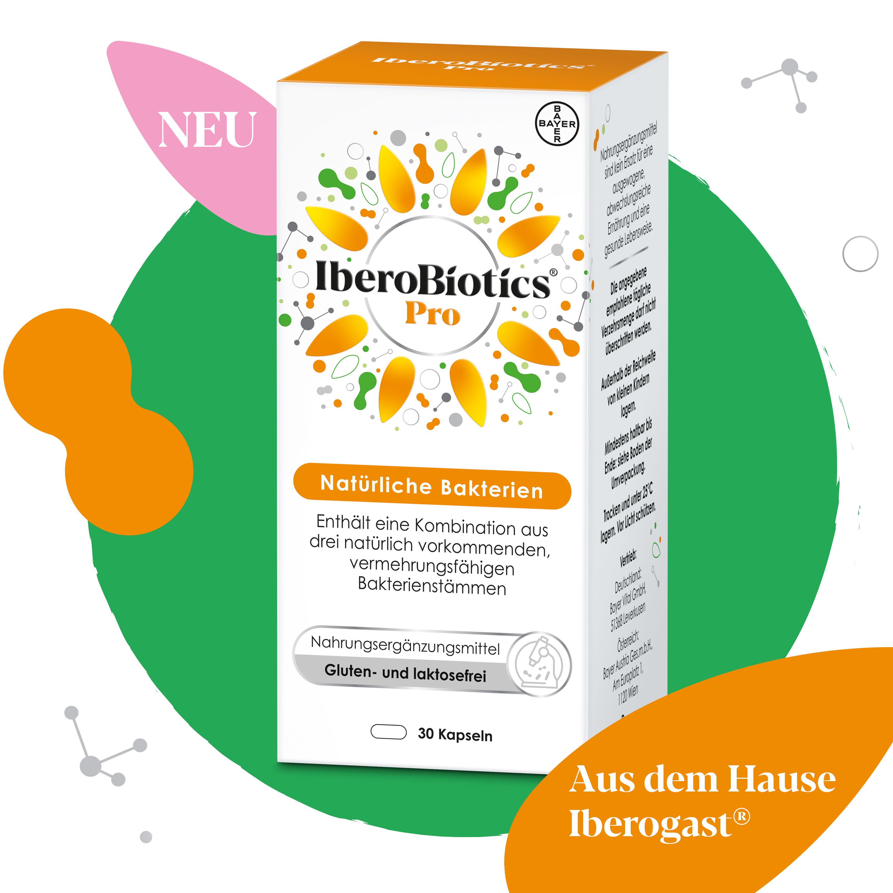 IberoBiotics® Pro Packung. Text: Natürliche Bakterien, 30 Kapseln, gluten- und laktosefrei. Von Iberogast®.