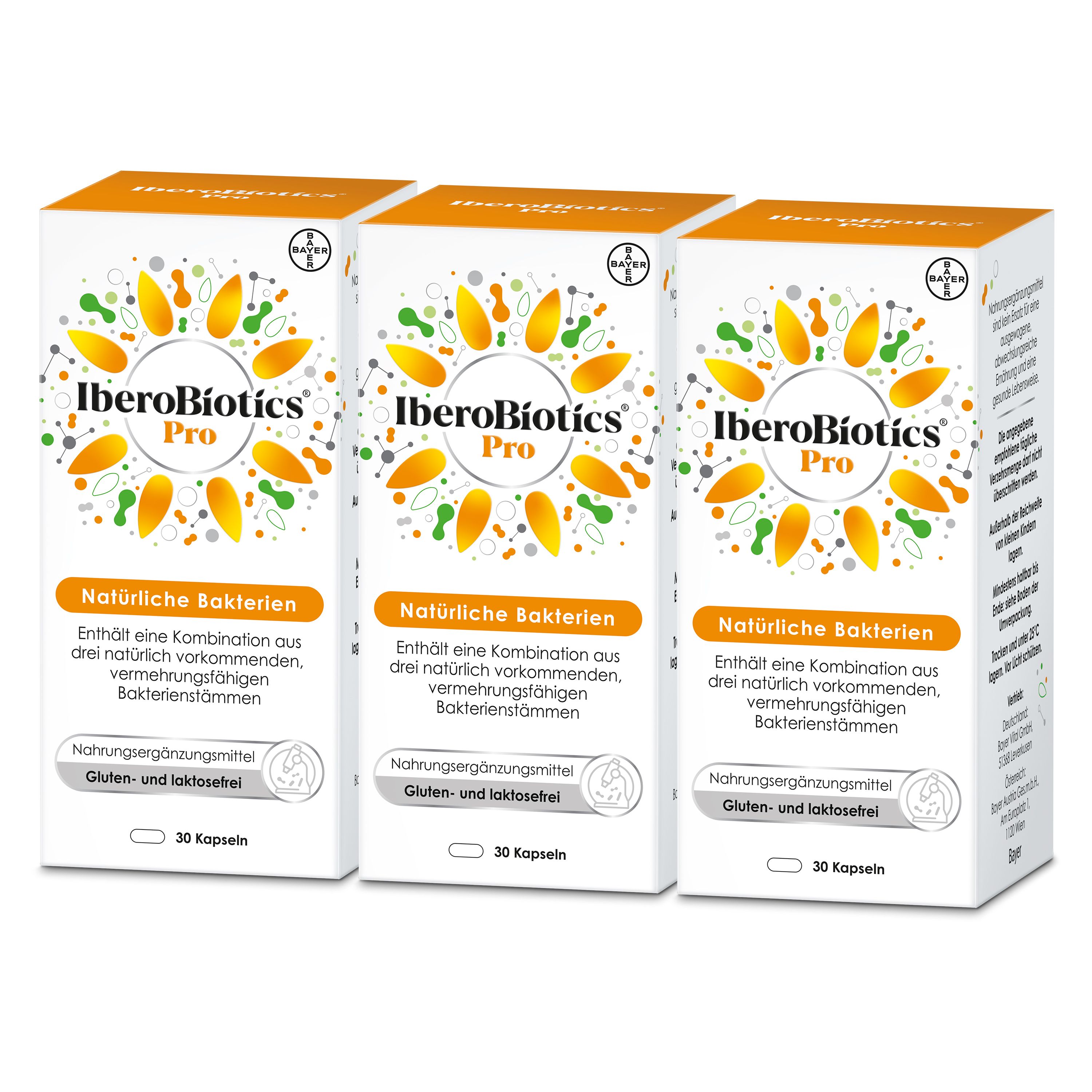 Drei Schachteln IberoBiotics Pro. Weiße Verpackung mit Produktnamen, Sonnenblumen-Design und Text. 30 Kapseln.