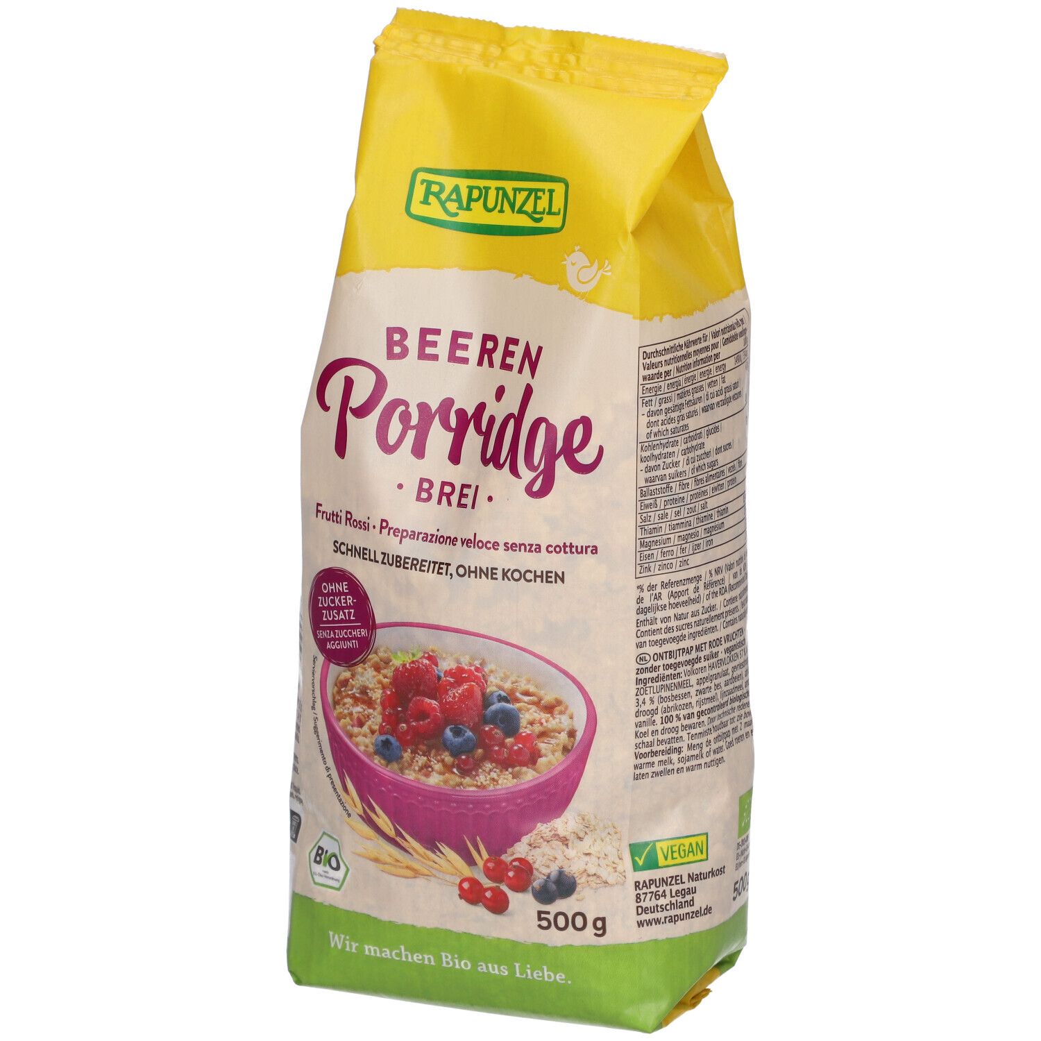 Verpackung RAPUNZEL BEEREN Porridge. Gelb-weiß, mit Produktname und Abbildung. 500g, Bio-Siegel.