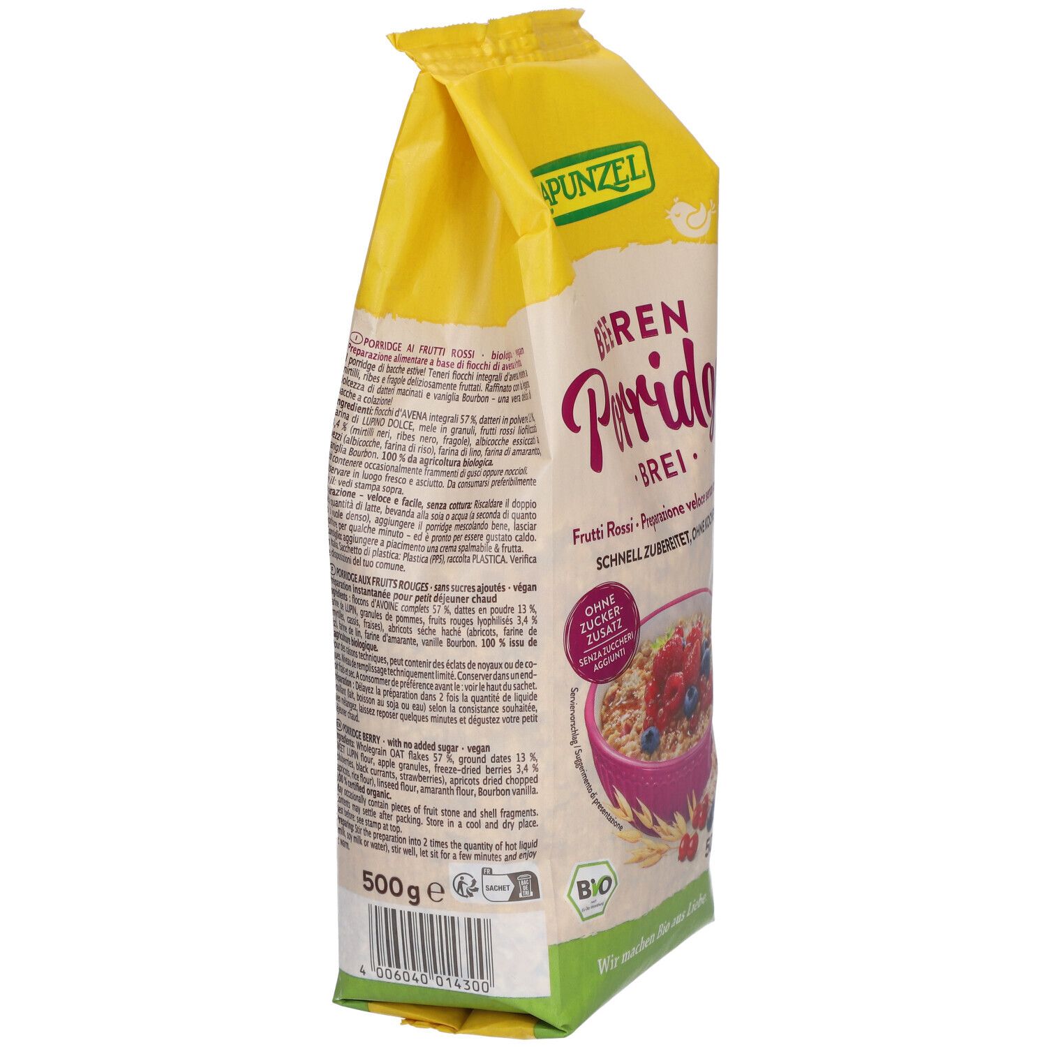 RAPUNZEL BEEREN Porridge-Verpackung, Seitenansicht. Gelb-weiß, Text und Bio-Siegel. 500g.