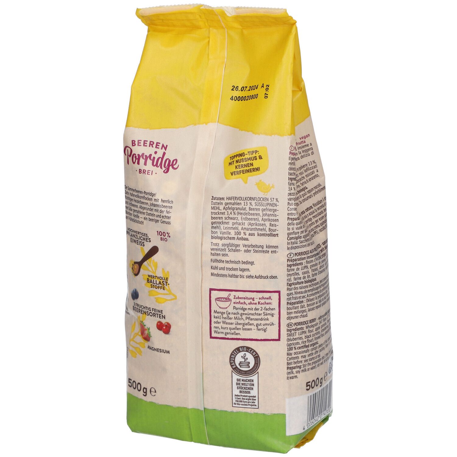 Rückseite der RAPUNZEL BEEREN Porridge-Verpackung. Gelb-weiß, Text, Bio-Siegel, 500g. MHD-Datum.