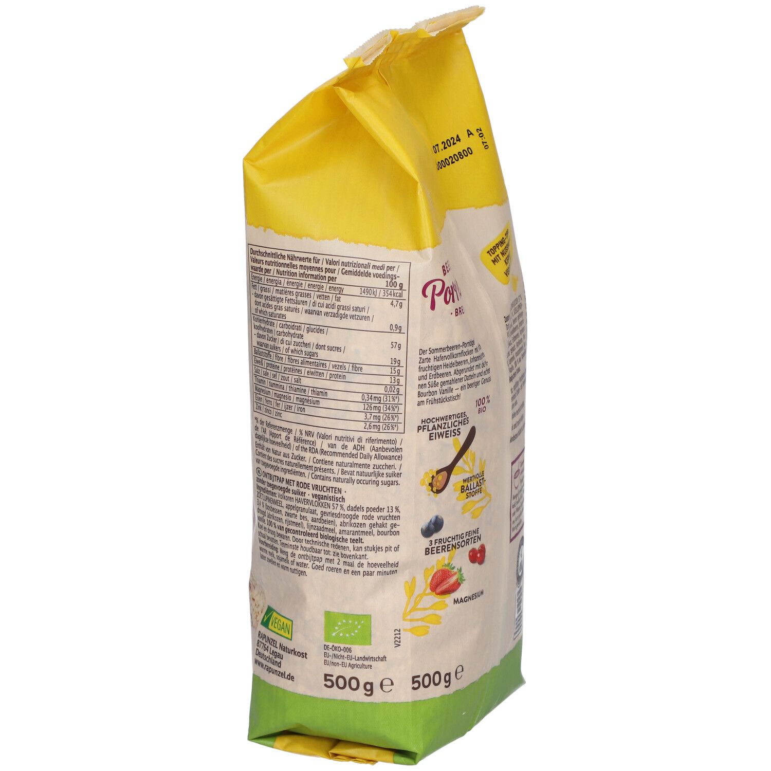 RAPUNZEL BEEREN Porridge-Verpackung, Seitenansicht. Gelb-weiß, Text, Bio-Siegel, 500g. Nährwertangaben.