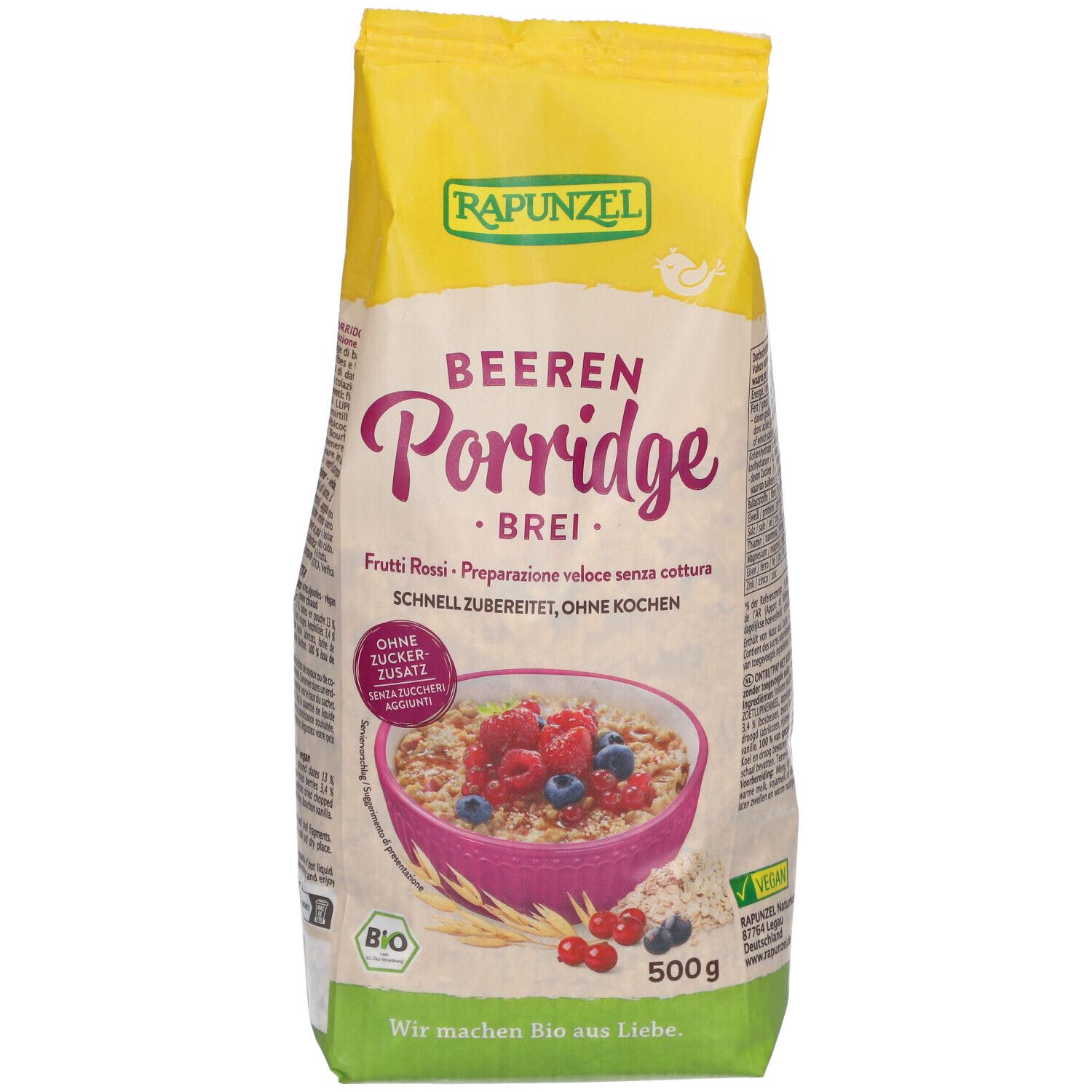 Verpackung RAPUNZEL BEEREN Porridge. Gelb-weiß, Produktname und Abbildung. 500g, Bio-Siegel.