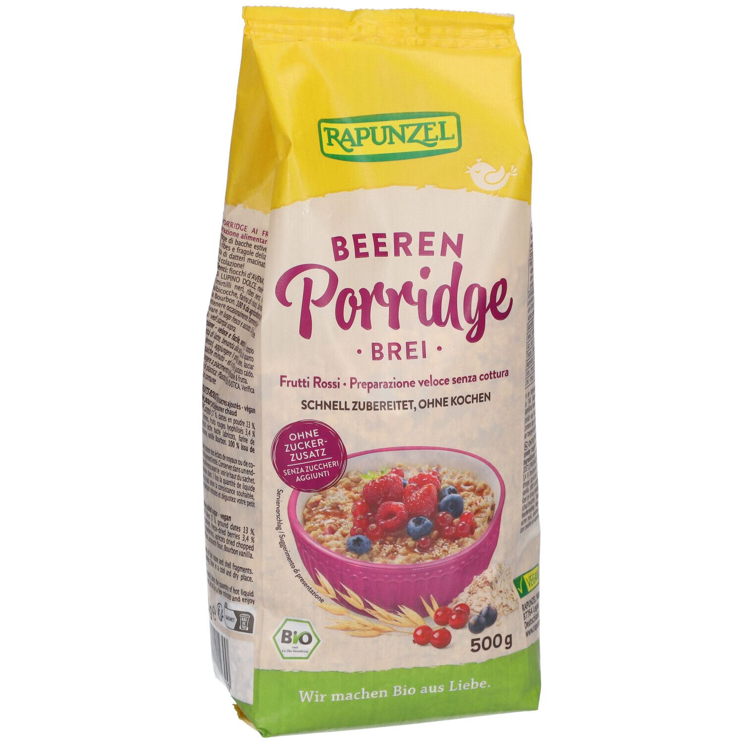 Verpackung RAPUNZEL BEEREN Porridge. Gelb-weiß, Produktname und Abbildung. 500g, Bio-Siegel.