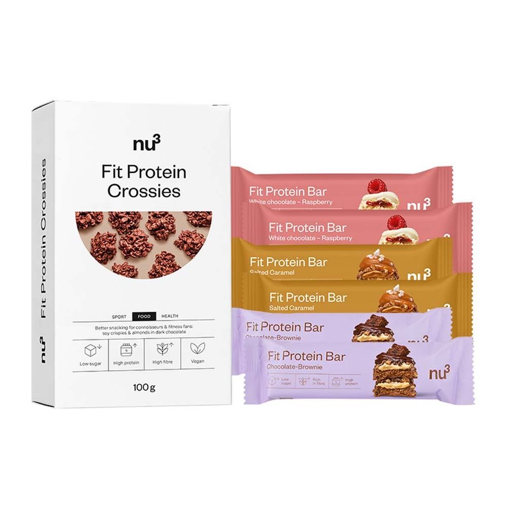 nu3 Fit Protein Crossies + Protein Bar, Salted Caramel + Protein Bar, Chocolate Brownie + Protein Bar, White Chocolate Raspberry