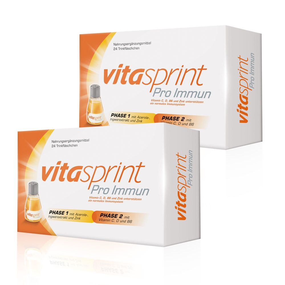 Zwei Packungen Vitasprint Pro Immun. Aufdruck: Vitamin D, C, B6. 24 Trinkfläschchen.