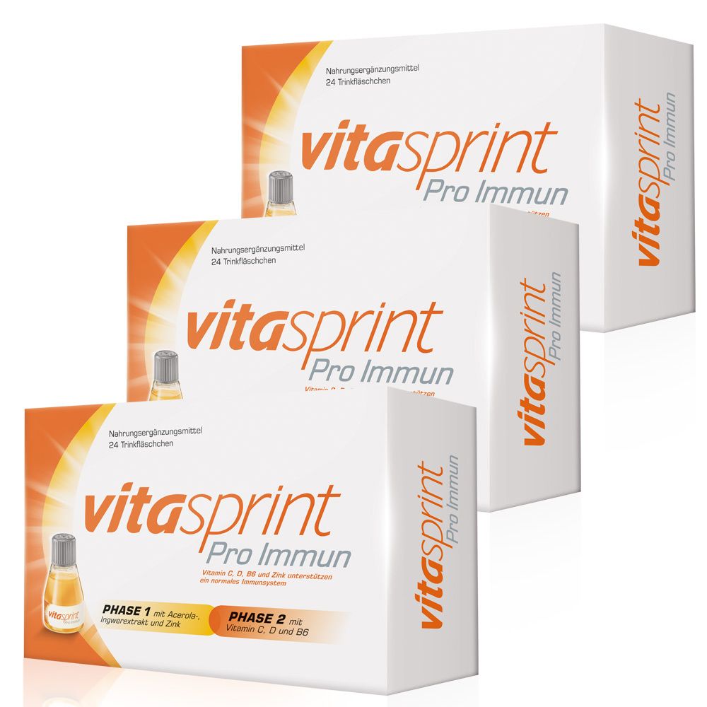 Mehrere Packungen Vitasprint Pro Immun. Weiße Schachteln mit orangefarbenem Logo und Produktnamen. 24 Trinkfläschchen.