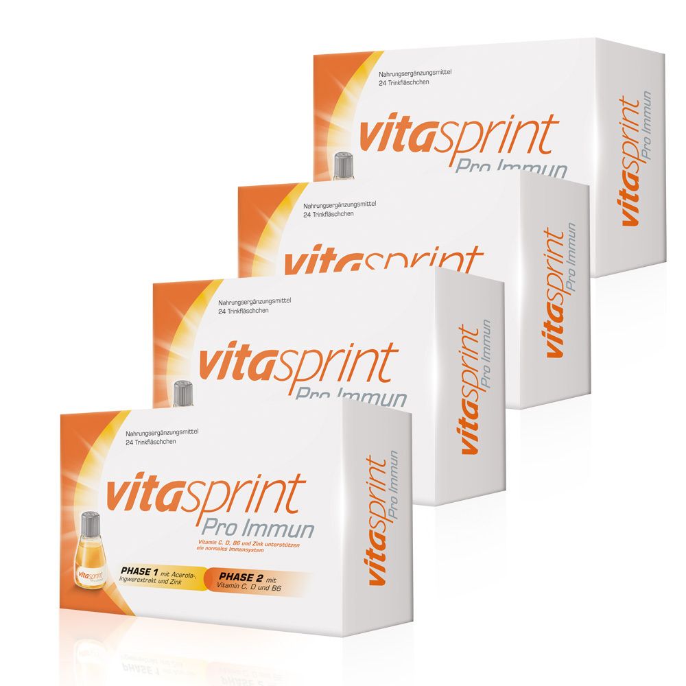 Vitasprint Pro Immun-Verpackungen. Mehrere Kartons mit Produktnamen und Fläschchen.