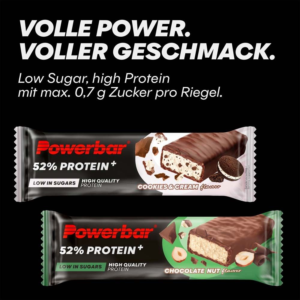 Zwei PowerBar 52% Protein Riegel. Oben: Cookies & Cream. Unten: Schoko-Nuss. Text: Volle Power. Voller Geschmack. Low Sugar.
