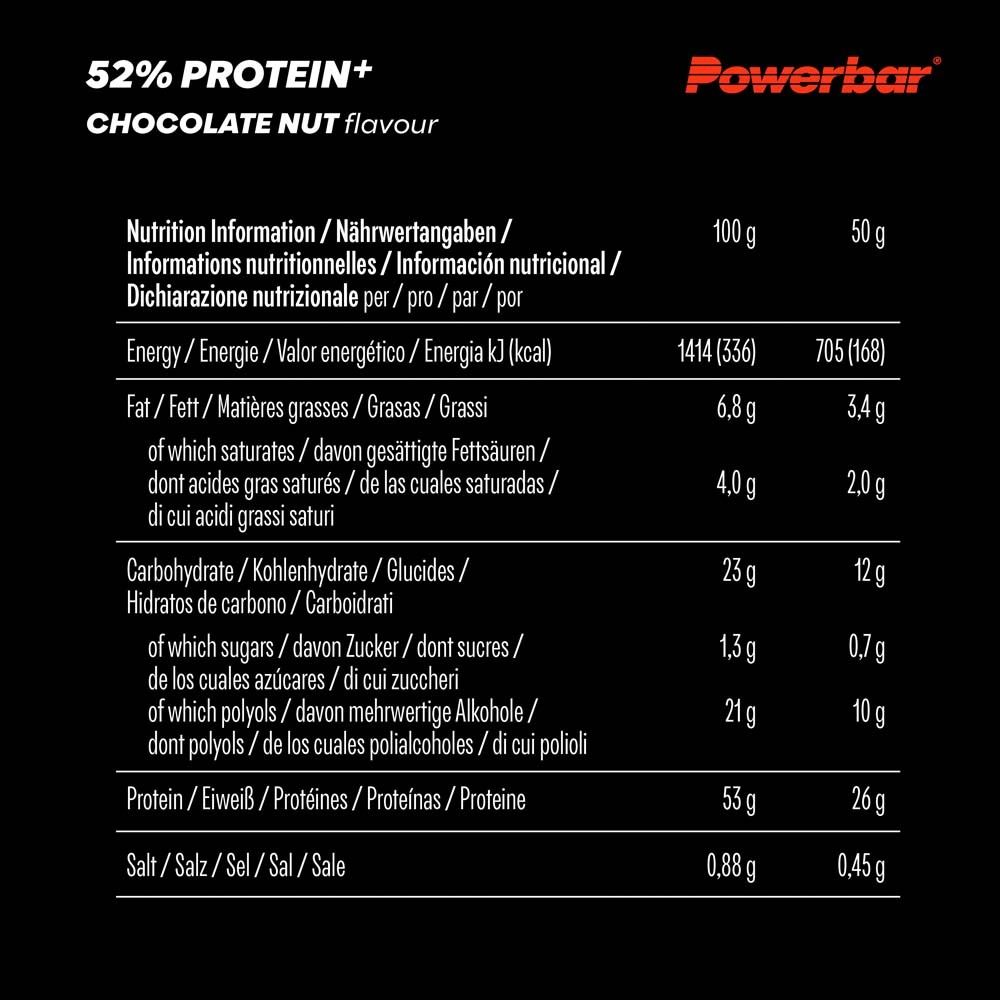 Nährwerttabelle für PowerBar 52% Protein Bar. Angaben pro 100g und 50g. Enthält Informationen zu Energie, Fett, Kohlenhydraten, Protein und Salz.