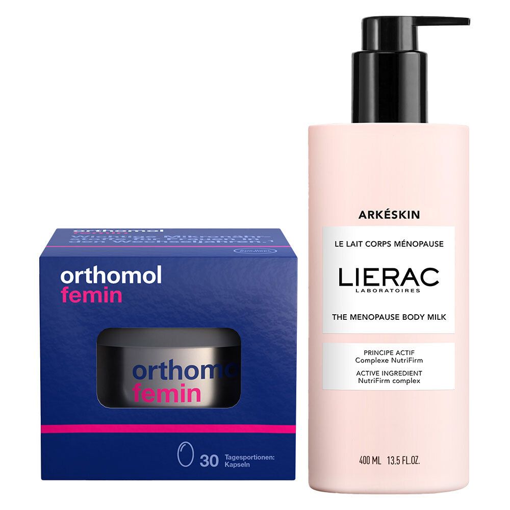 Zwei Produkte: Orthomol femin in Schachtel und LIERAC ARKESKIN Körpermilch. Schachtel blau, Dose silber. Flasche rosa mit schwarzem Pumpkopf.