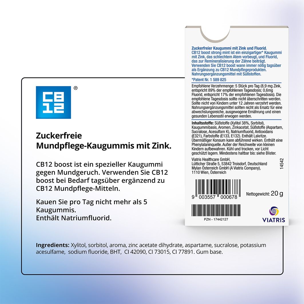 Rückseite der CB12 Boost Strong Mint Kaugummi-Verpackung. Text: Zuckerfreie Mundpflege-Kaugummis mit Zink. Inhaltsstoffe und Herstellerinformationen.