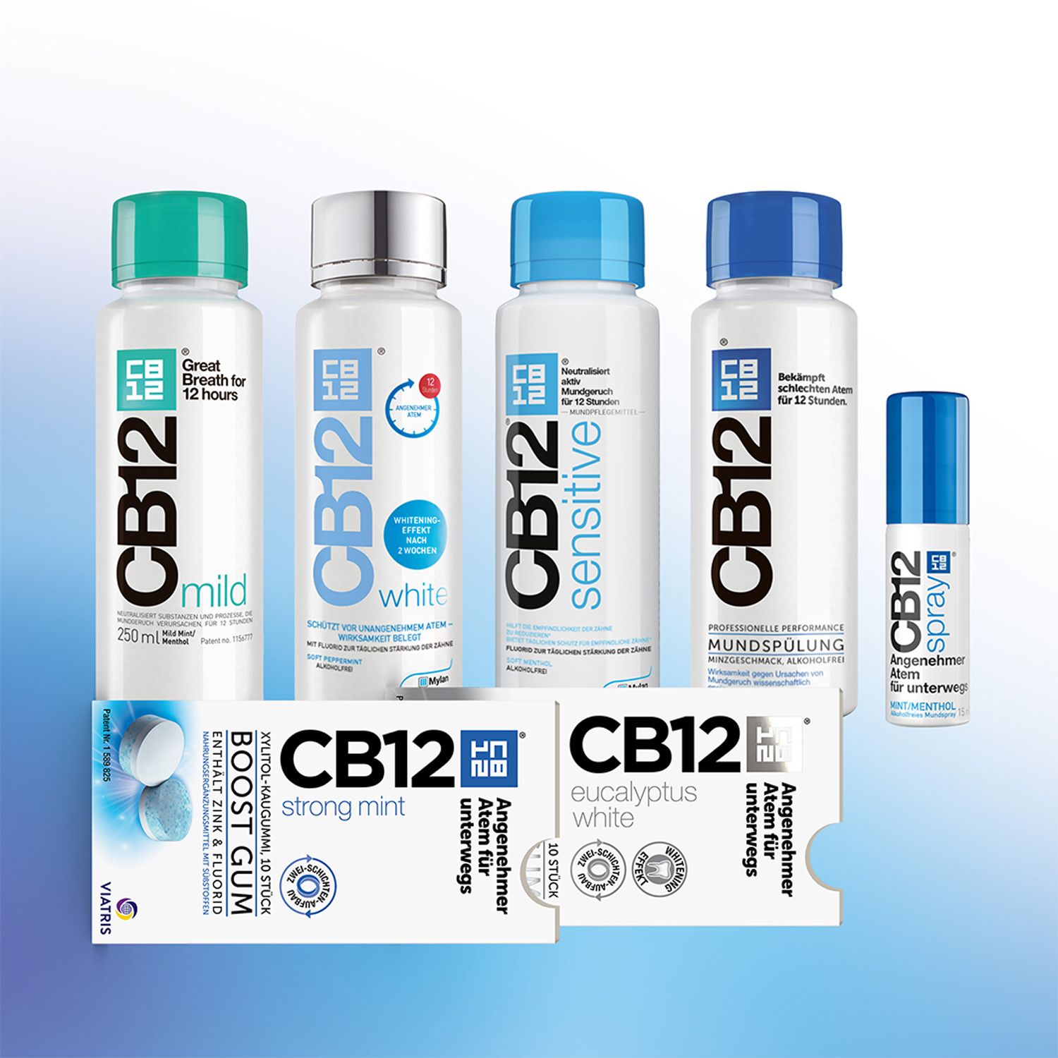 Verschiedene CB12 Produkte: Mundspülungen, Spray und Kaugummis. Text: CB12, Boost Gum, Eucalyptus White, Sensitive, White, Mild.