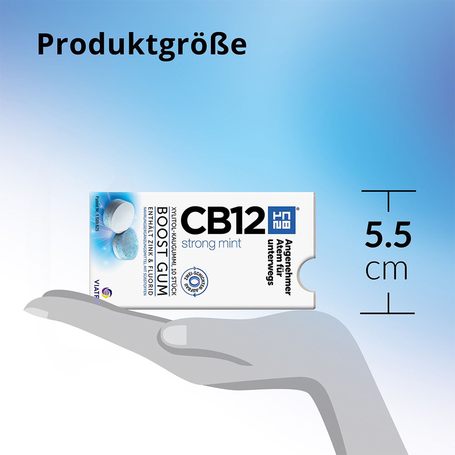 Hand hält eine Packung CB12 Boost Strong Mint Kaugummi. Text: Produktgröße, 5,5 cm.
