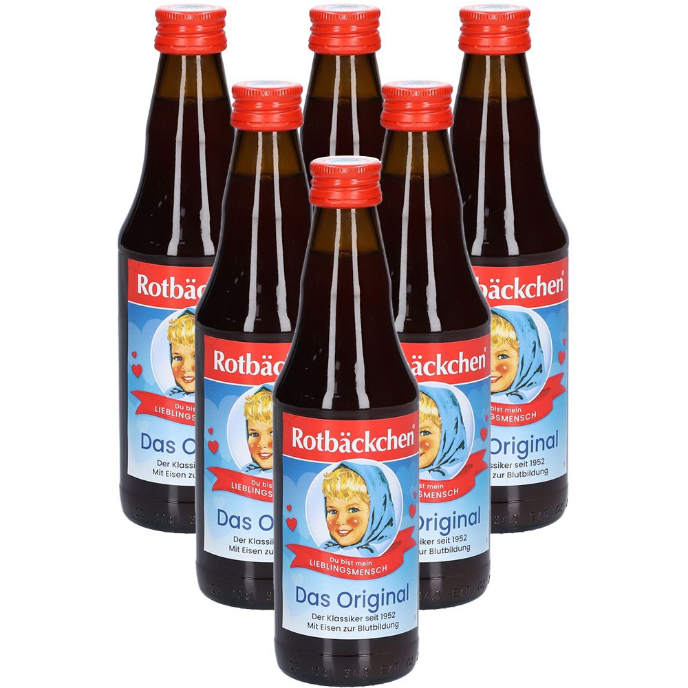 Sechs Flaschen mit roter Flüssigkeit. Etikett mit Kind und Schriftzug "Rotbäckchen Das Original". Roter Verschluss.