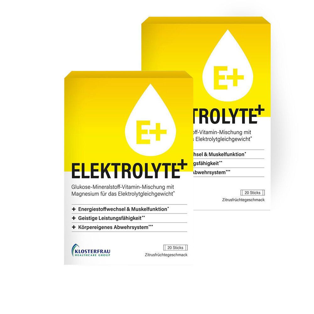 Zwei gelbe Kartons mit "Elektrolyte+"-Logo und Produktinformationen. 20 Sticks, Zitrusfruchtgeschmack.
