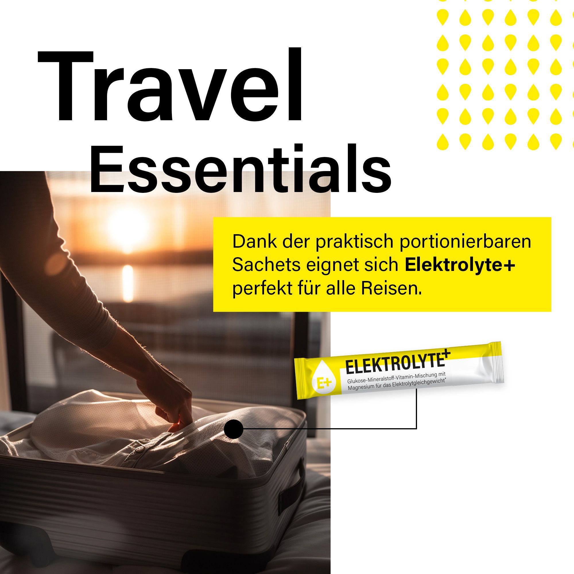 Koffer mit Elektrolyte+ Stick. Text: "Travel Essentials". Text über Elektrolyte+ für Reisen.
