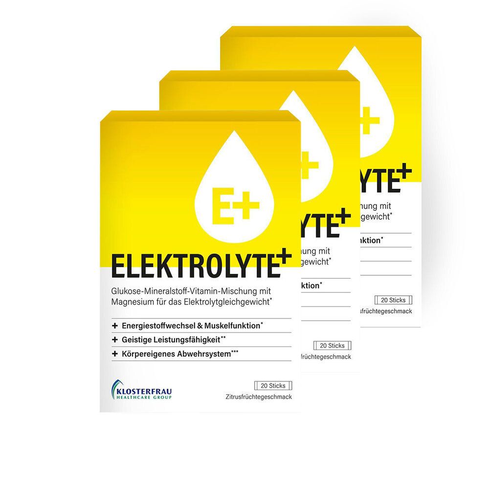 Drei gelbe Kartons mit Elektrolyte+ Aufdruck. Enthält 20 Sticks. Aufschrift: Glucose-Mineralstoff-Vitamin-Mischung.