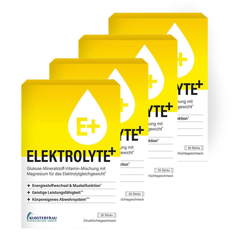 Mehrere Packungen Elektrolyte+ in gelben Kartons. Aufdruck: E+ und Produktinformationen. 20 Sticks, Zitrusfruchtgeschmack.
