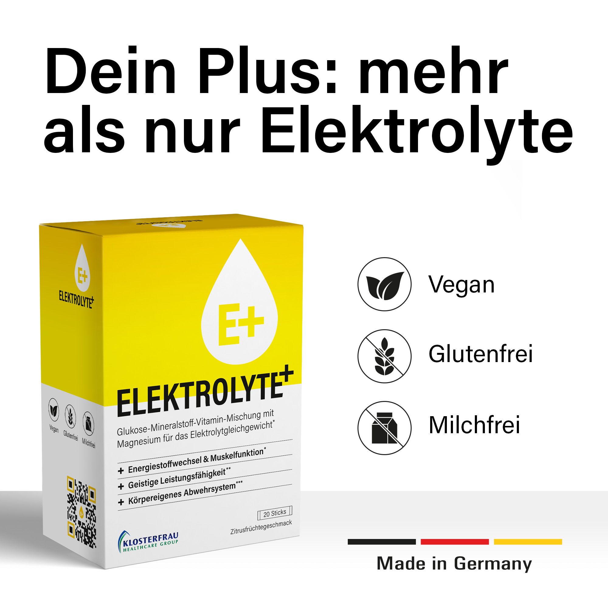 Text: Dein Plus: mehr als nur Elektrolyte. Produktverpackung mit Vegan, Glutenfrei, Milchfrei.