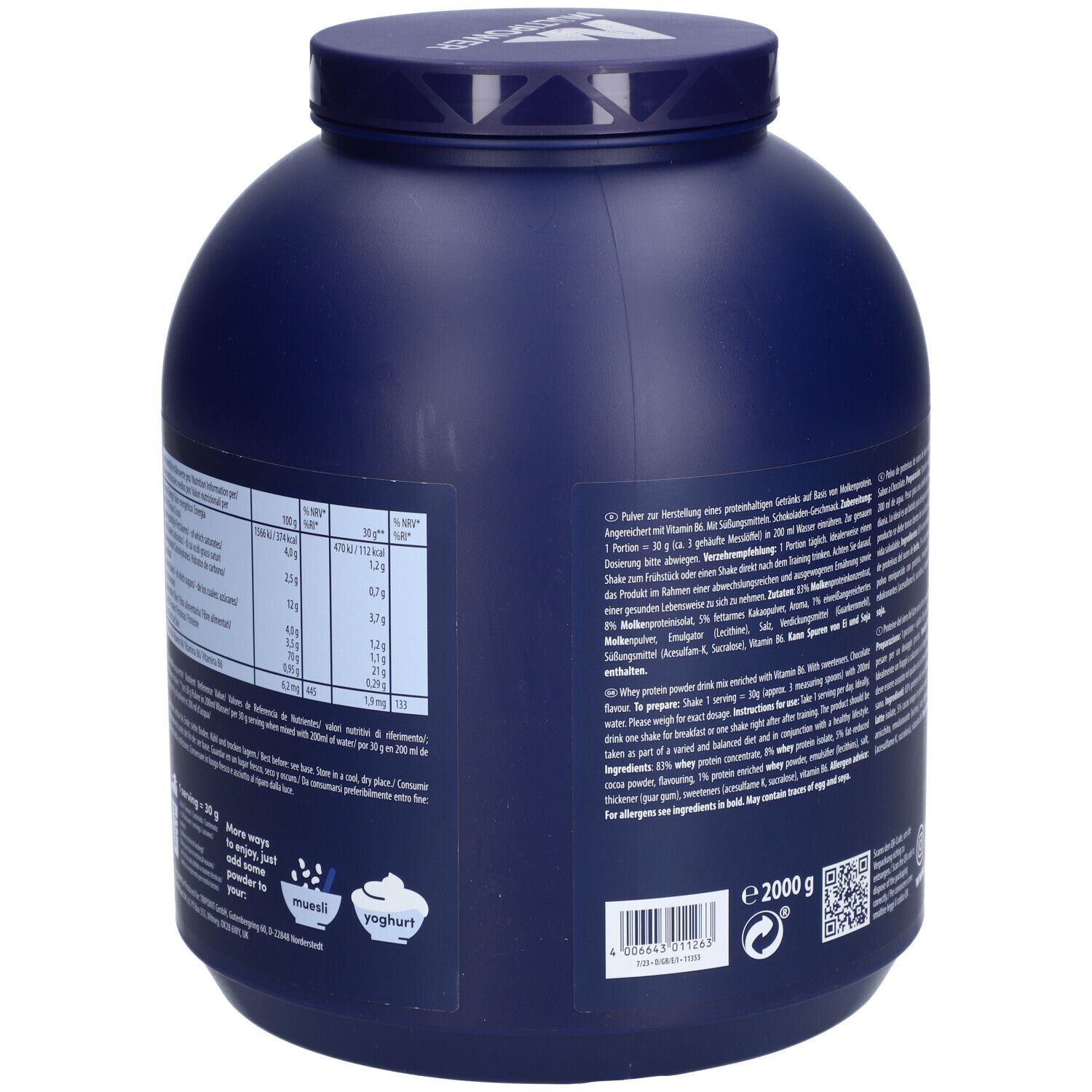 Rückseite einer blauen Dose Multipower Whey Protein Shake. Nährwertangaben und Zubereitungshinweise. 2000g.