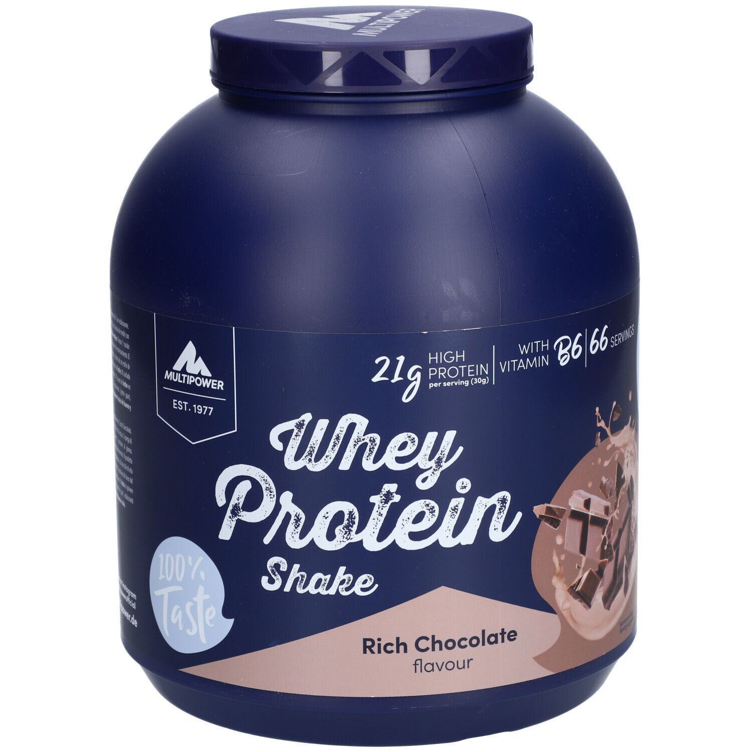 Blaue Dose Multipower Whey Protein Shake. Aufschrift: 21g Protein, Vitamin B6, 66 Portionen. Geschmack: Rich Chocolate.