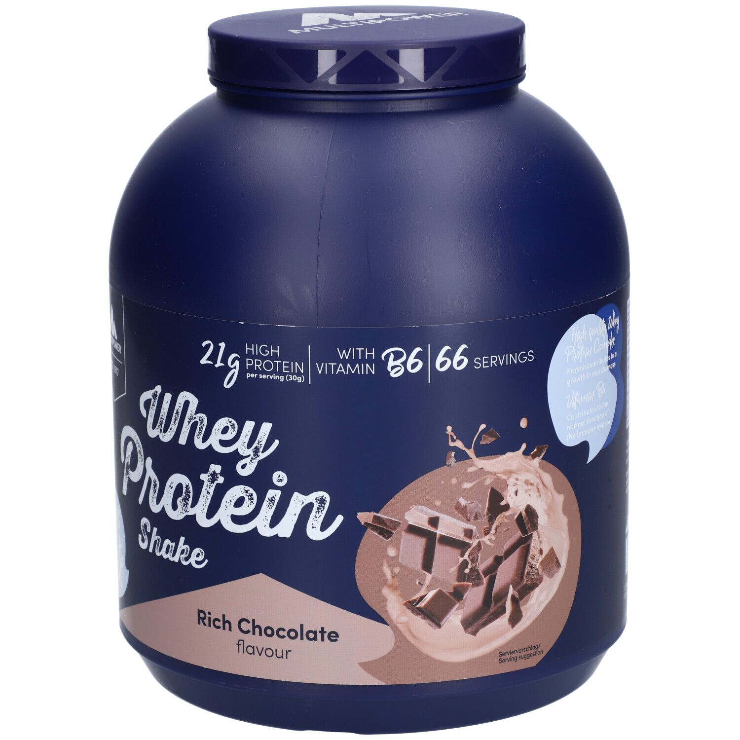 Blaue Dose Multipower Whey Protein Shake. Aufschrift: 21g Protein, Vitamin B6, 66 Portionen. Geschmack: Rich Chocolate.
