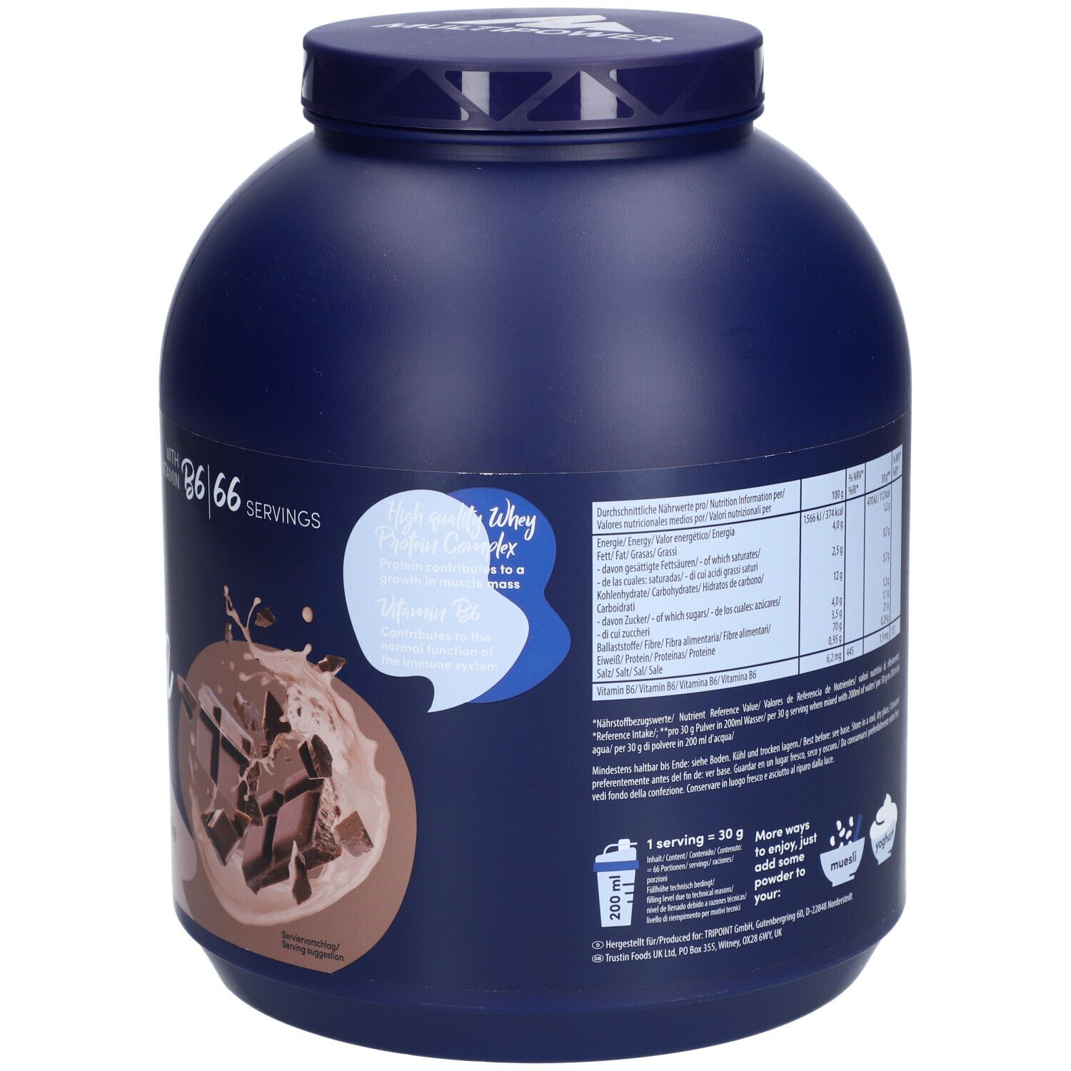Rückseite einer blauen Dose Multipower Whey Protein Shake. Nährwertangaben, Zubereitungshinweise und Schokoladen-Illustration.
