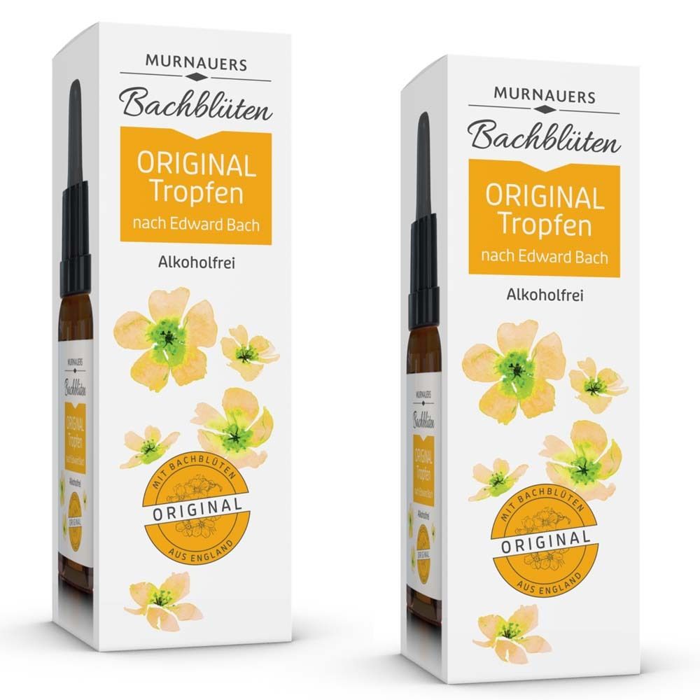 Produktverpackung mit Flasche und Tropfer. Aufschrift: ORIGINAL Tropfen, ohne Alkohol. Mit Bachblüten.
