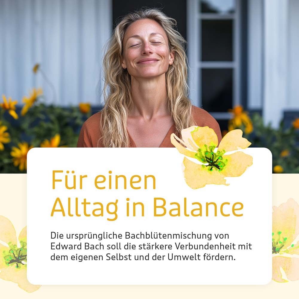 Frau mit geschlossenen Augen vor Haus. Text: "Für einen Alltag in Balance". Gelbe Blüten.