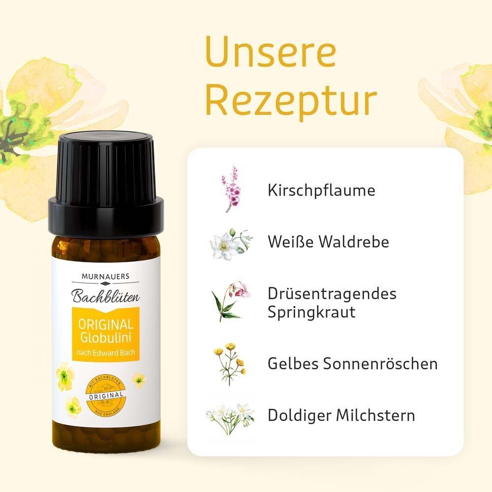 Braune Flasche mit schwarzem Deckel. Text: "Murnauers Bachblüten Original Globulini". Liste von Blüten.