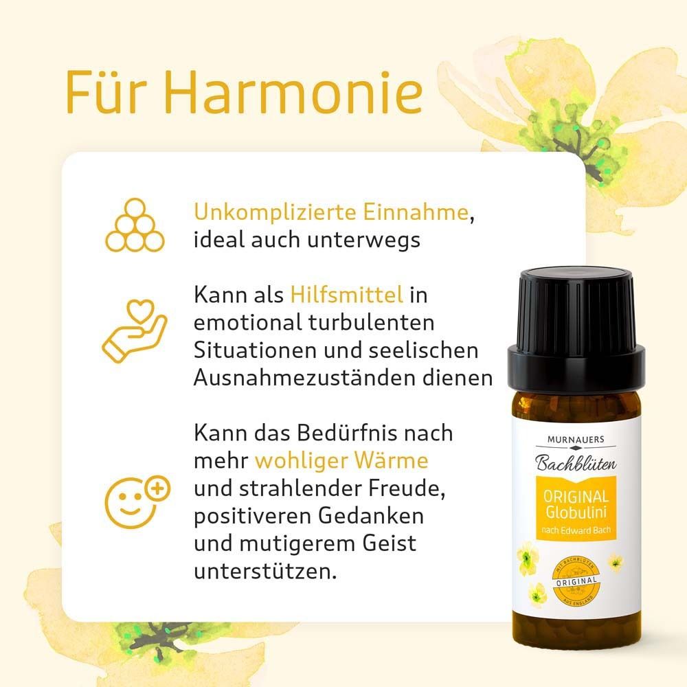 Braune Flasche mit schwarzem Deckel. Text: "Murnauers Bachblüten Original Globulini". Symbole für Harmonie.