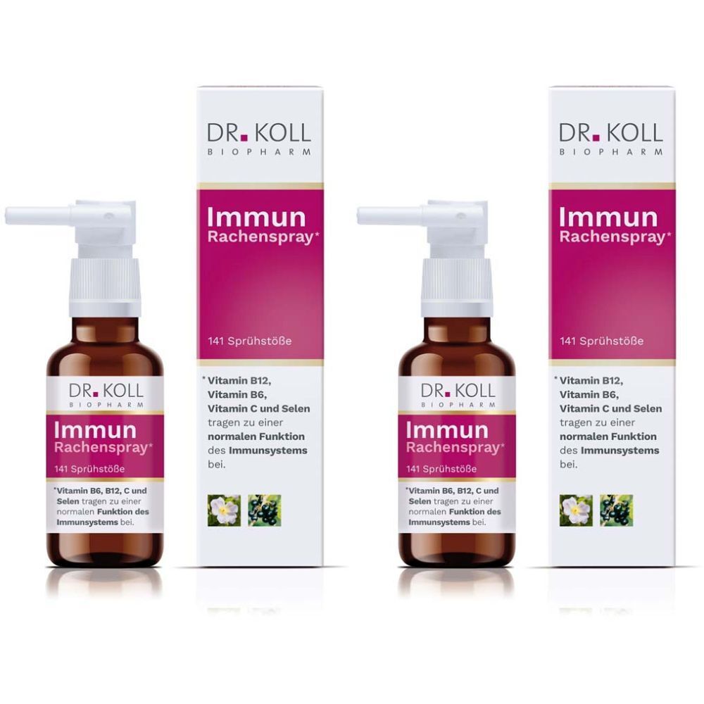 Braune Flasche und Verpackung von DR. KOLL Immun Rachenspray. Enthält Vitamin B12, B6, C und Selen. Mit Sprühkopf.