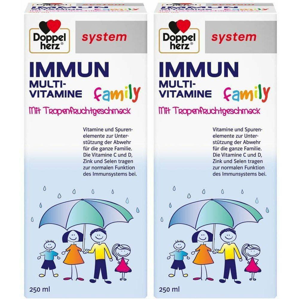 Zwei Doppelherz IMMUN Multivitamine Family Packungen. Aufdrucke: Marke, Produktname, Illustration einer Familie unter einem Schirm.