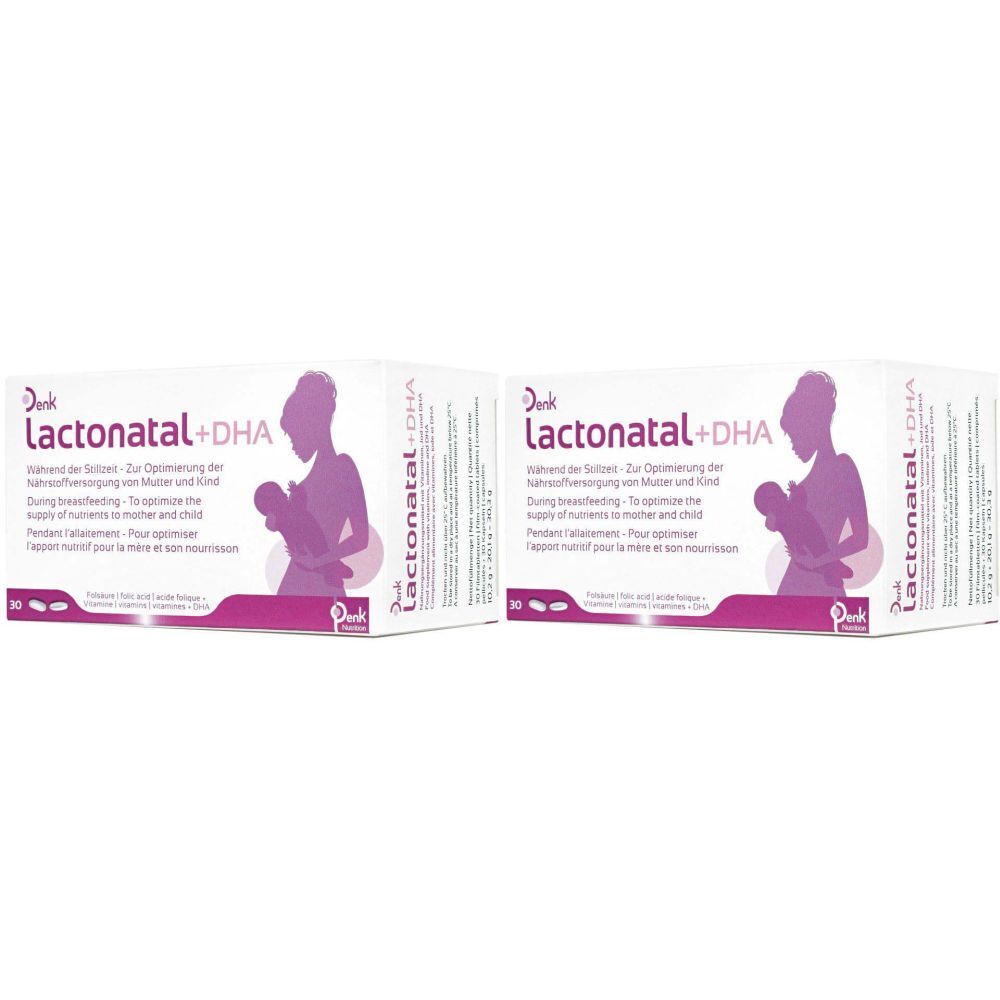 Zwei Packungen Lactonatal+DHA. Weiße Schachteln mit lila Akzenten und Produktinformationen. Logo und Abbildung einer stillenden Mutter.