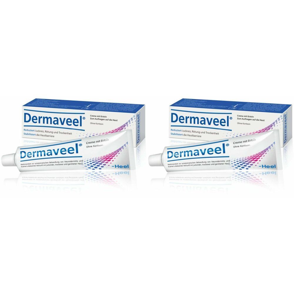 Zwei Packungen und Tuben. Auf den Verpackungen steht "Dermaveel". Die Tuben sind weiß mit rosa und blauen Akzenten.