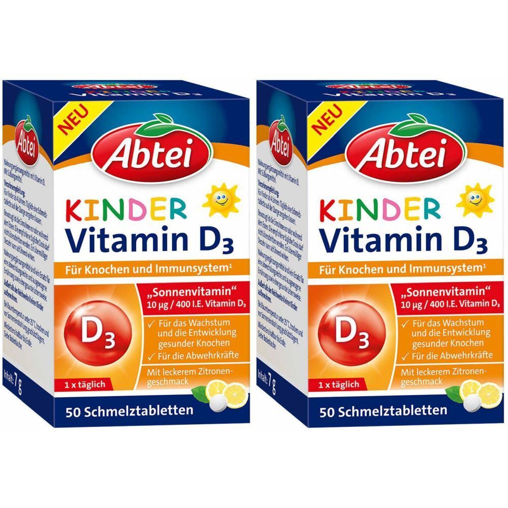 Zwei Schachteln Abtei KINDER Vitamin D3. Blaue Verpackung mit Produktnamen und Logo. Enthält 50 Schmelztabletten. Mit Zitrone Geschmack.