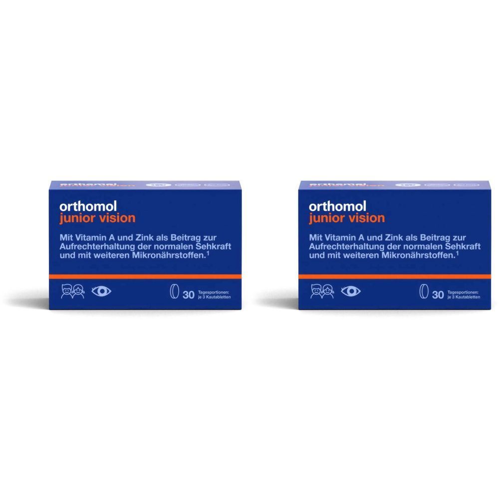 Zwei blaue Schachteln Orthomol junior vision. Aufschrift: Mikronährstoffe zur Aufrechterhaltung der Sehkraft bei Kindern. 30 Kautabletten.