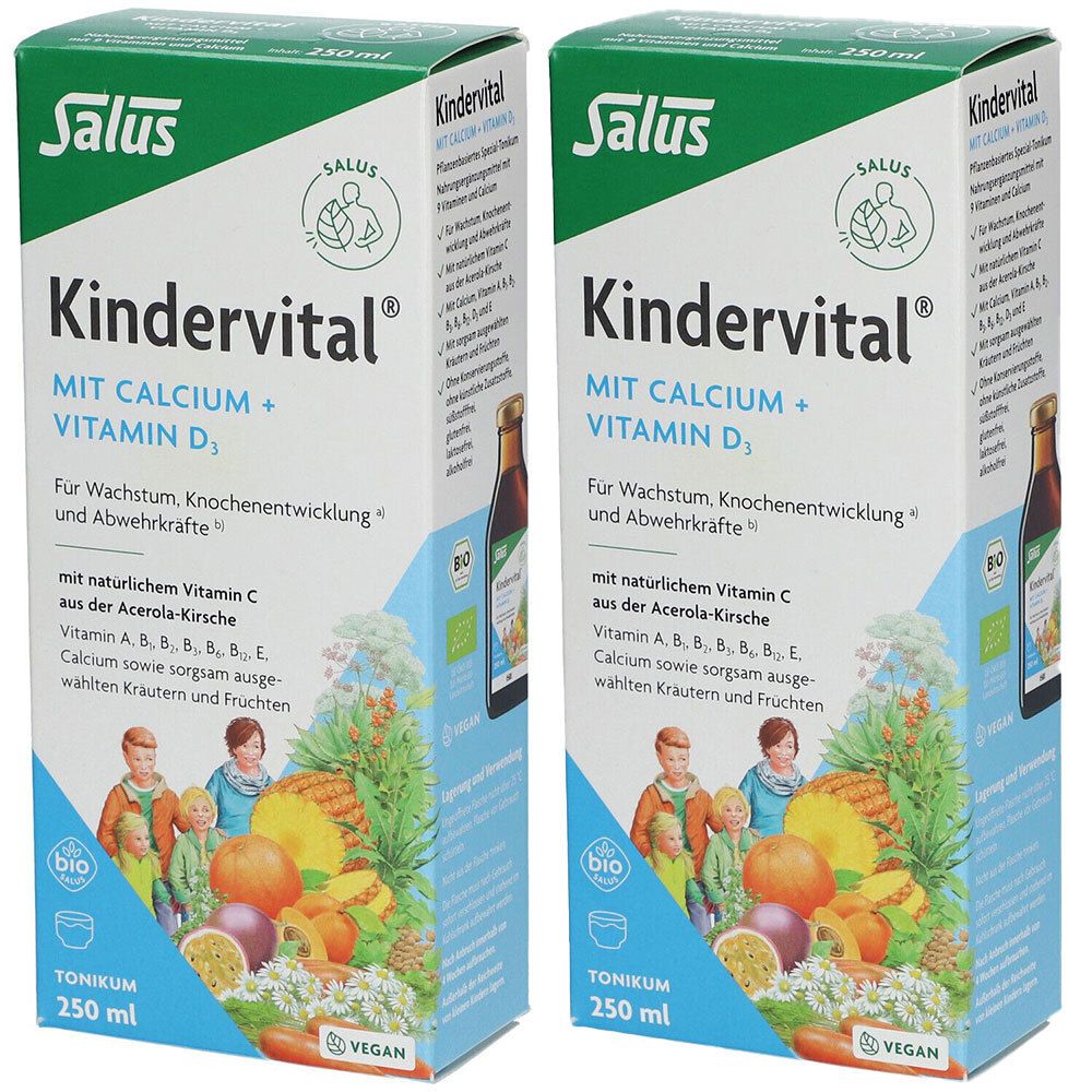 Zwei Kartonverpackungen von Kindervital mit Calcium + Vitamin D3. Grün-weiße Verpackung mit Produktnamen und Illustrationen von Früchten und Kindern.