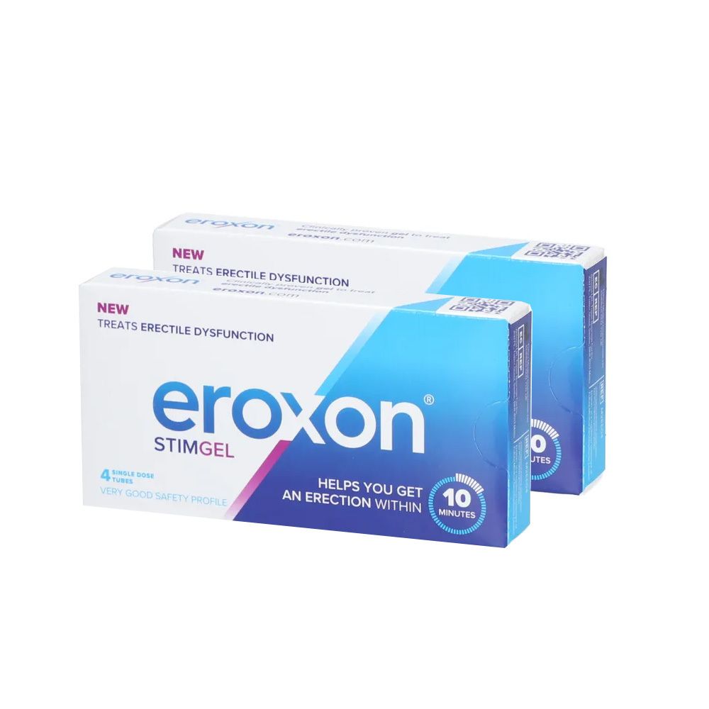 Zwei Schachteln Eroxon Stimulierendes Gel. Blaue und weiße Verpackung mit Produktnamen und Text. "Behandelt erektile Dysfunktion".